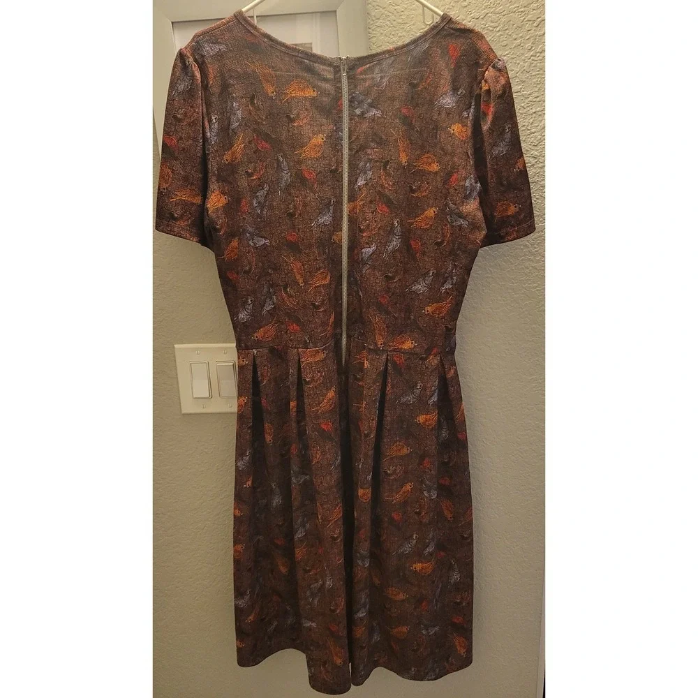 LuLaRoe Amelia Dress 3XL Brown Bird Print Fit &‎ Flare Short Sleeve Pleated Knit